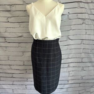 Vintage Wool Windowpane Pencil Skirt High Waist Gray Career Academia Size 8